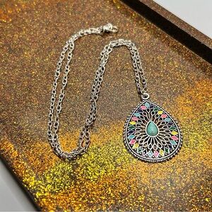 Silver Tone Multicolor Teardrop Pendant Necklace with Turquoise Stone Center